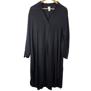 H&M Black Long Sleeve Sheer Button Front V-Neck‎ Shirt Dress Midi Tunic Size S